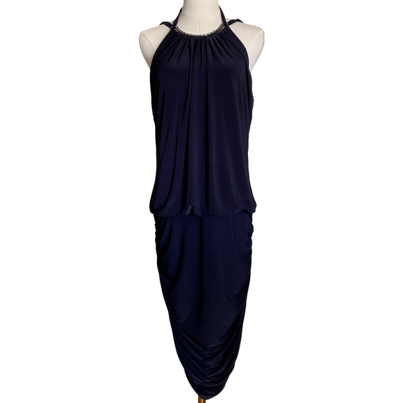 Cach'e Women's Size 8 Navy Blue Dress Halter Neck Ruched Metal Necklace Attached - Picture 1 of 13